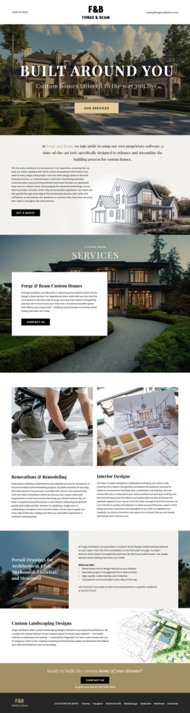 Full-length scroll of the Forge & Beam website design concept featuring custom home building services, interior design, renovations, and landscaping with a modern, professional layout.